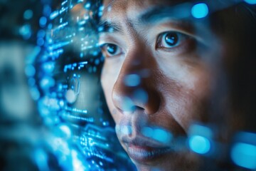 Close-up of a focused Asian male examining digital data, illuminated by blue light, symbolizing technology and data analysis.