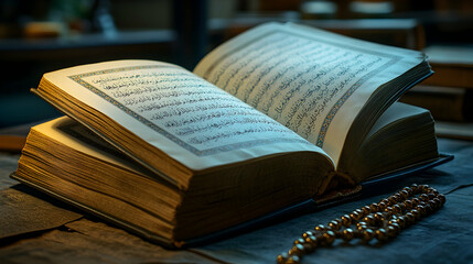 Open Quran, illuminated, resting on table, beads nearby