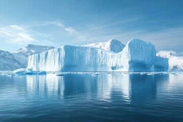 A stunning iceberg landscape with sharp peaks and scattered floating glaciers.