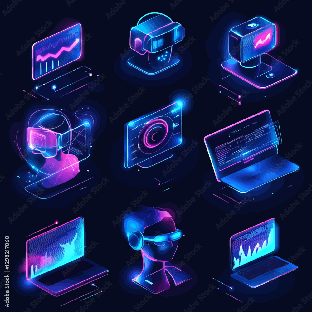 Poster futuristic vr technology and glowing data visualizations on digital devices
