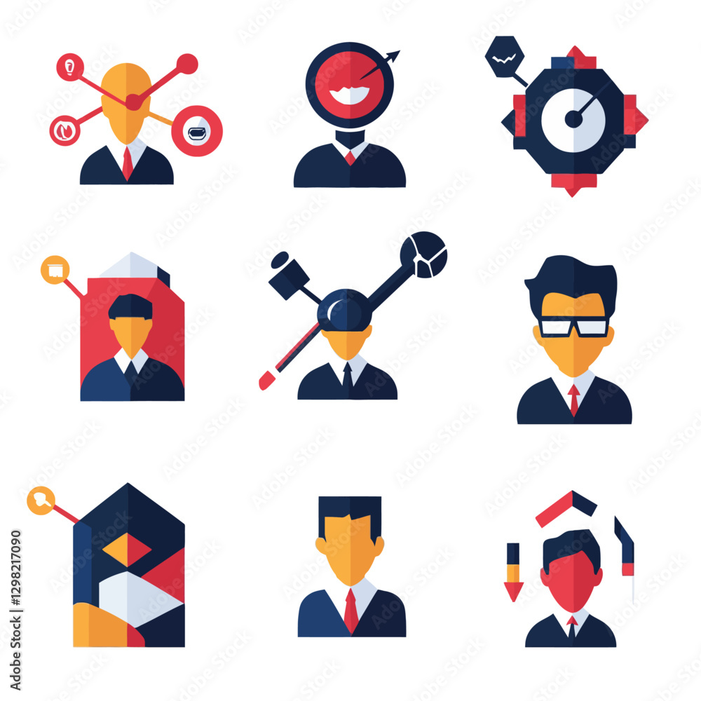 Poster abstract business avatar icons with analytics and strategy concepts set