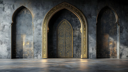 Ornate golden arches & door in a dark, ancient hall