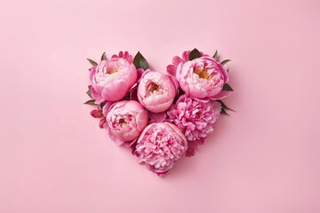Stunningly beautiful pink peonies gracefully arranged in a heart shape on a soft pink background.