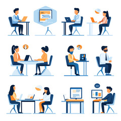 Diverse Team Working on Laptops and Computers at Desks Illustration