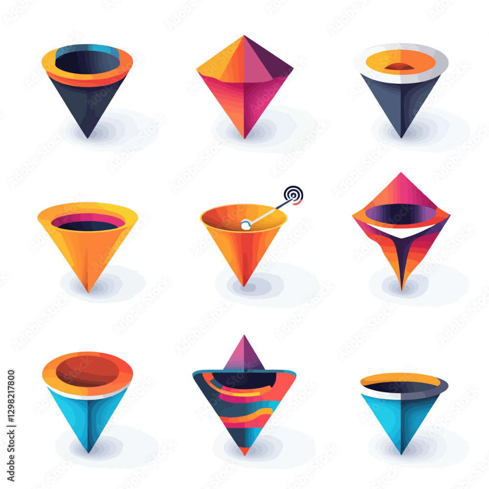 Aufkleber funnel icon set in vibrant geometric design for data and analytics