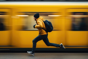 Young bearded man with a backpack running energetically to catch a moving train at a bustling berlin metro station in germany, embodying the rush of urban travel and adventure
