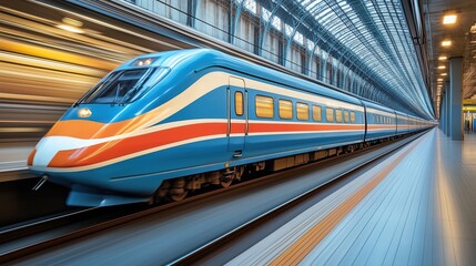 Naklejka premium Modern high-speed train departing from the station platform, creating a dynamic motion blur effect, showcases the efficiency and speed of contemporary transportation technology