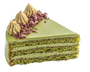 delicate matcha green tea cake with layers of mousse, topped with chocolate shavings and cream. This dessert is perfect for tea lovers and special occasions