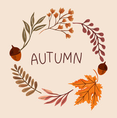 Hand drawn composition of fall leaves, branches, acorn. Autumn mood. Colored vector trendy illustration in autumn warm terracotta and beige colors, banner, background, social media post, template.