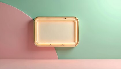 3D illustration of blank vintage diner sign with neon elements. Space for custom text, 1950s style. Mockup design on pink, green wall background. Retro billboard template for signage.