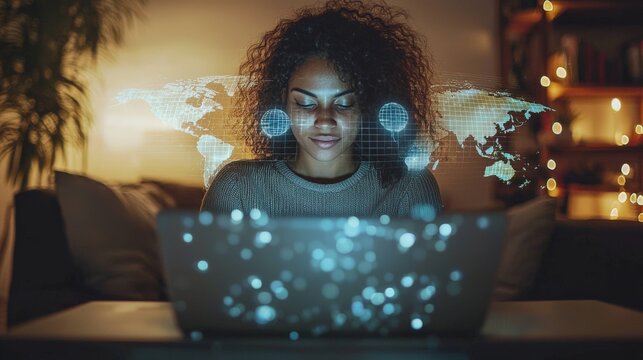 Young professional on a video call holding a tablet, with a virtual map and glowing connections projected behind,