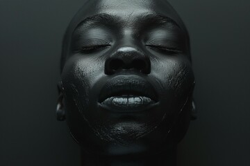 Obraz premium A striking close-up of a Black female model with a glossy finish, exuding tranquility against a dark background.