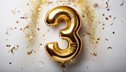 Gold balloon number 3 for third birthday or anniversary party. White background with confetti