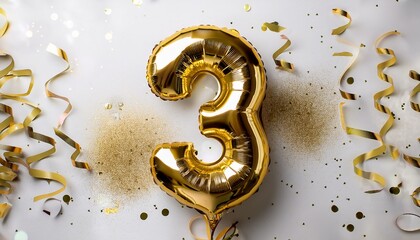Gold balloon number 3 for third birthday or anniversary party. White background with confetti