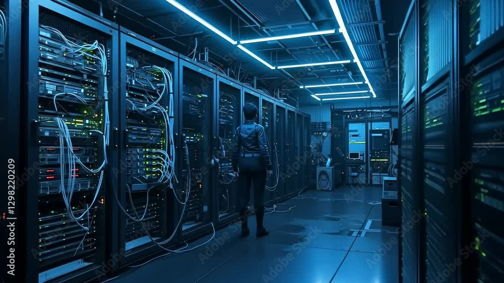 Aufkleber server room with network cables and glowing lights representing data storage and cybersecurity