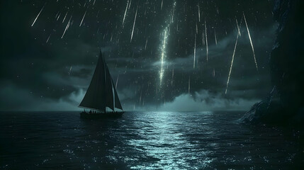 Sailboat Navigating Meteor Shower at Night Sea