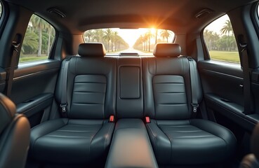 Empty black leather backseat car interior. Sun shines through back window, palm trees, road background. Comfortable seats, headrests, seatbelts detail. Auto travel, journey, transport, taxi, travel