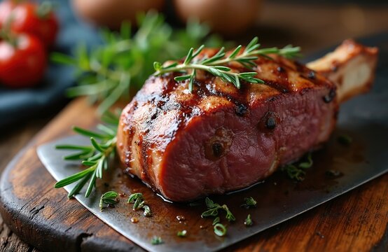 Close-up of grilled veal shank cross cut on meat cleaver. Juicy steak with rosemary, thyme on wooden board. Recipe background. Butcher shop product demo.