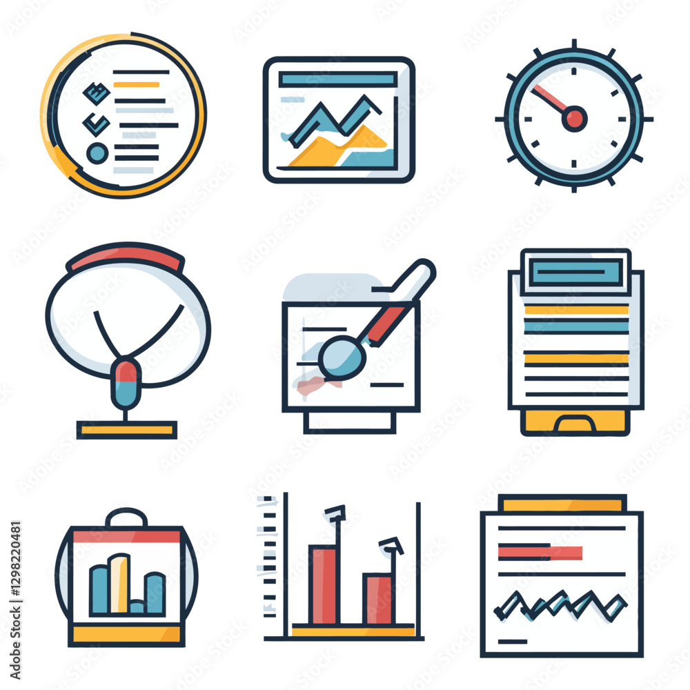 Poster business data analytics and time management icon set in vector format