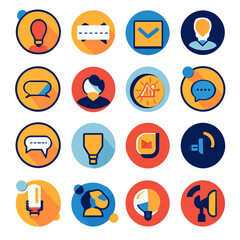 Colorful Icon Set Representing Business Communication, Strategy, and Ideas