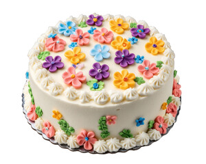 Delightful cake decorated with colorful flowers, perfect for celebrations and special occasions. This beautifully crafted dessert features vibrant icing and intricate designs