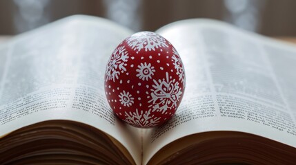 A red Easter egg with white patterns lies in the middle of an open book, captured in macro photography, perfect for an Easter-themed image