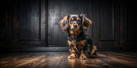 A charming longhaired miniature dachshund sits patiently on a dark wooden floor against a rich, paneled backdrop.