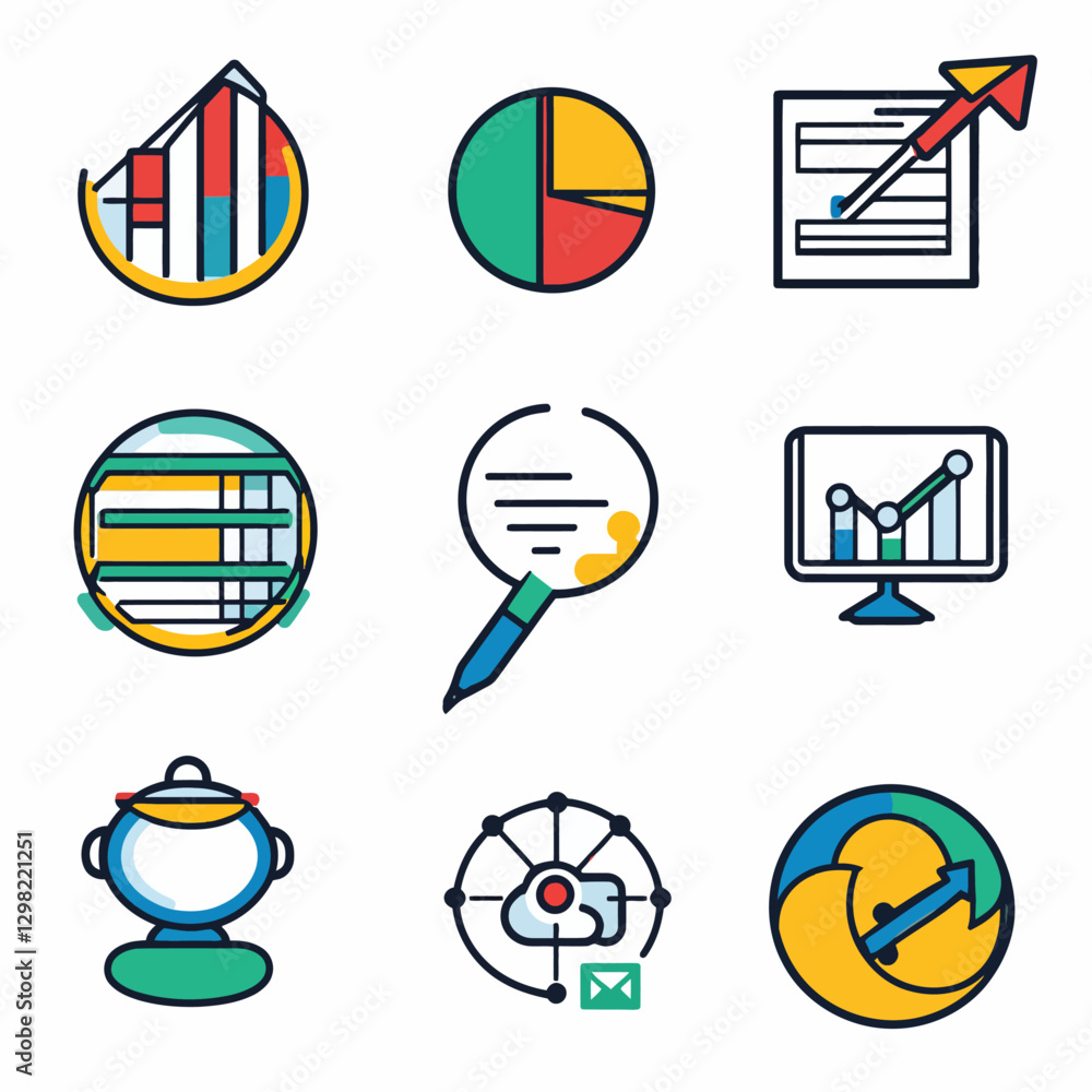 Poster business data analysis and strategy icons with charts and diagrams