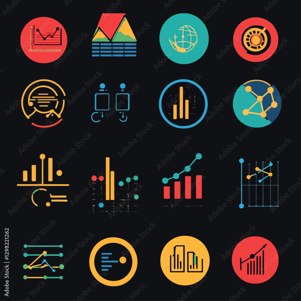Aufkleber data visualization icons presenting charts and business analytics in circles