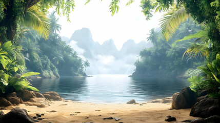 Serene Tropical River Inlet, Misty Mountains