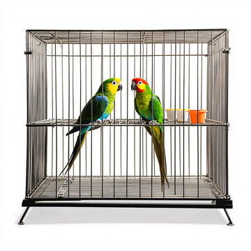 Colorful parrots interacting in a cage indoor setting pet photography bright environment close-up view