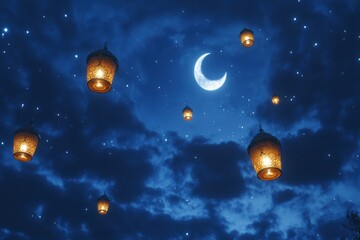 Naklejka premium Ethereal Moonlit Night with Lanterns and Starry Sky
