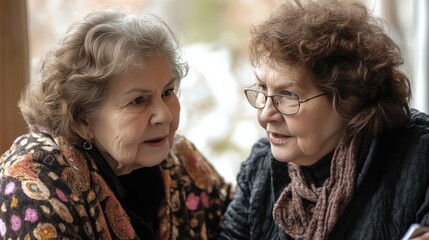 Fototapeta premium Two elderly Caucasian women engaged in a heartfelt conversation indoors, showcasing friendship and connection through meaningful interactions.