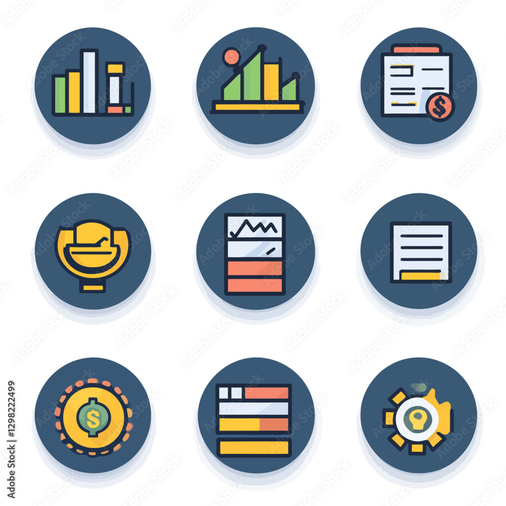 Aufkleber business data analysis icon set with charts graphs and statistics