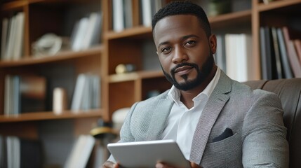Confident Middle-Aged Black Man in a Smart Gray Suit Seated in an Elegant Office, Engaged with a Digital Tablet in a Contemporary Library Setting
