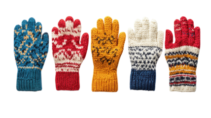 Vibrant knitted gloves collection showcasing colorful patterns and textures for winter wear in a cozy setting