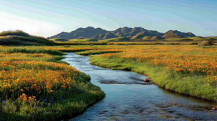 Obraz premium Stream meandering through wildflowers, mountain backdrop