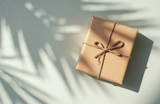 Top view of gift box wrapped in kraft paper with palm tree shadows on beige background. Present tied with twine and bow. Minimal, elegant holiday package with copy space.