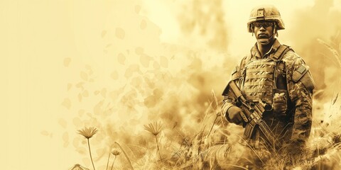 Fototapeta premium A focused Black male soldier in uniform stands amid a field, embodying strength and determination with a vigilant gaze.