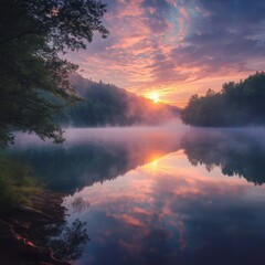 Aerial view of a serene lake reflecting vibrant hues of orange and pink from a stunning sunset. A small boat gently floats on the water, surrounded by lush greenery along the shore.