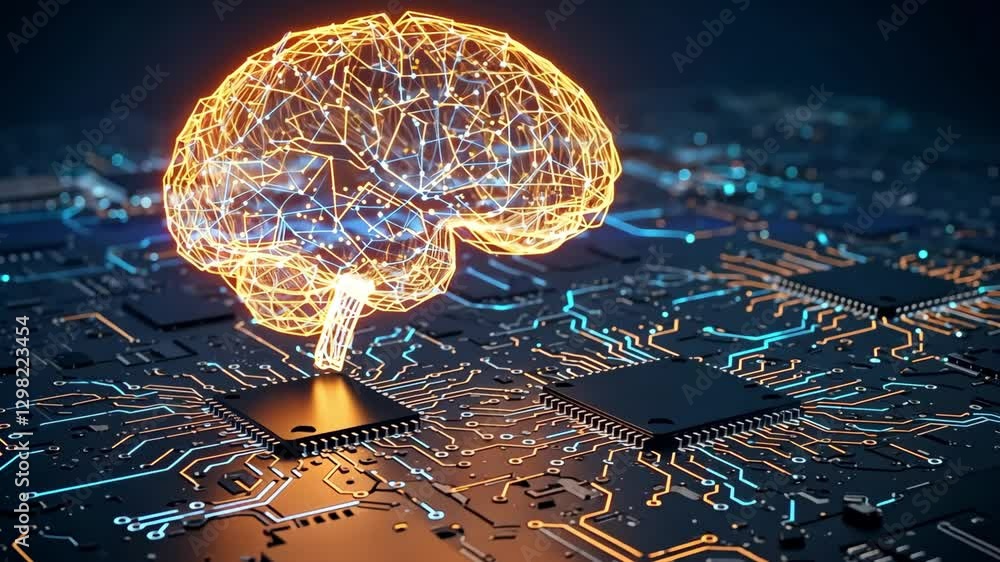 Poster futuristic artificial intelligence brain glowing on a digital microchip circuit