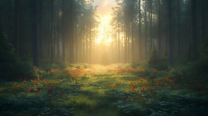 Fototapeta premium Sunlit Forest Path, Flowers, Misty Dawn