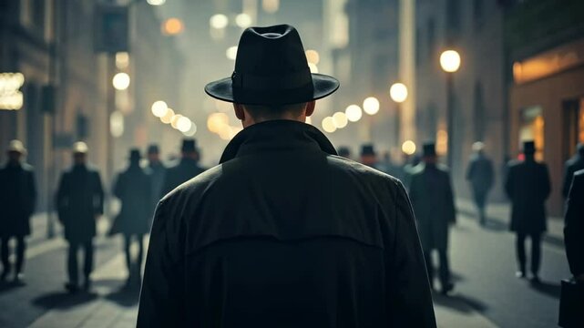 Mysterious man in a fedora walking through a dimly lit urban street at night