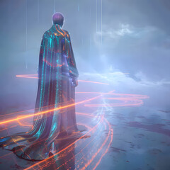 futuristic AI humanoid stands poised on digital runway, emanating an aura of quiet confidence and anticipation