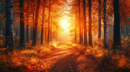 Fototapeta premium Autumn Sunlight Path Through Forest