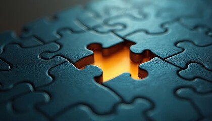 Jigsaw puzzle with one missing piece in the center. Puzzle pieces clearly define shape of the missing element. Lost part highlighted with warm color. Concept of business solution, missing link.