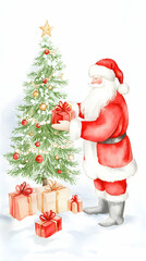 Watercolor Santa Illustration Christmas Gifts Tree