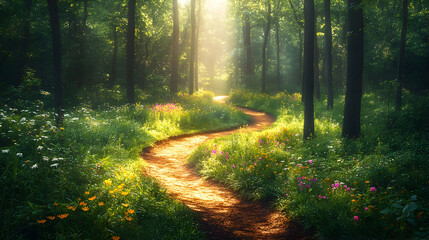 Obraz premium Sunlit Path Winding Through Misty Forest Meadow