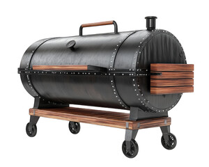large industrial barbecue grill designed for outdoor cooking, featuring cylindrical body, wooden shelves, and wheels for mobility. Perfect for large scale events and gatherings