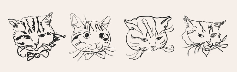 A collection of four abstract cat face illustrations using intricate line art. Each feline portrait features unique expressions and stylized lines, showcasing artistic creativity.
